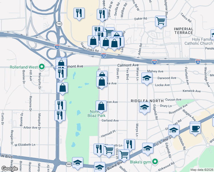 map of restaurants, bars, coffee shops, grocery stores, and more near 3007 Lackland Road in Fort Worth