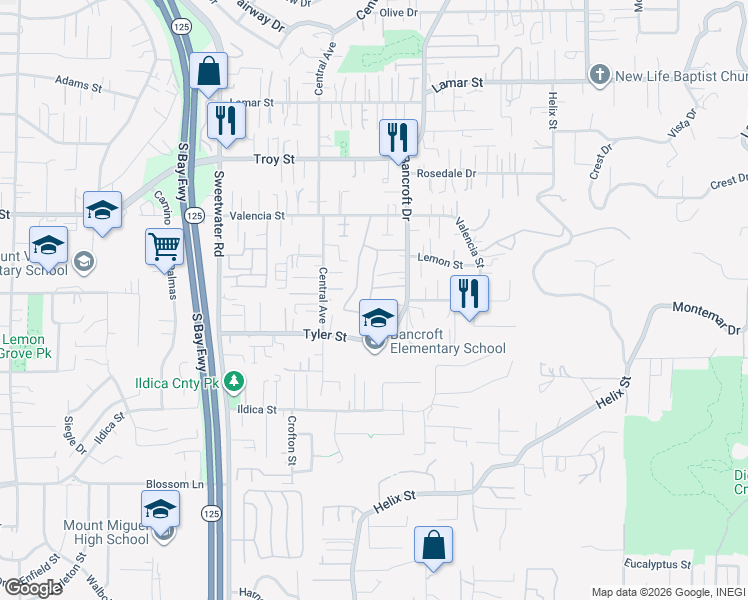 map of restaurants, bars, coffee shops, grocery stores, and more near 8931 Windham Court in Spring Valley