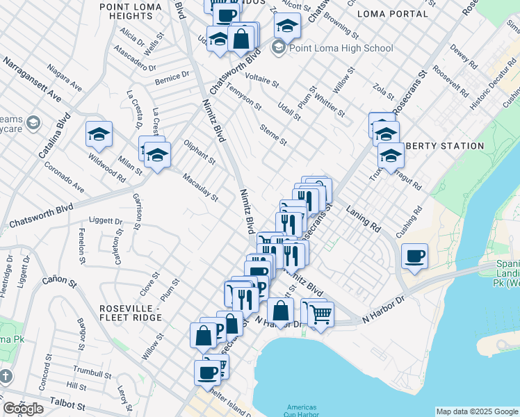 map of restaurants, bars, coffee shops, grocery stores, and more near 3244 Nimitz Boulevard in San Diego