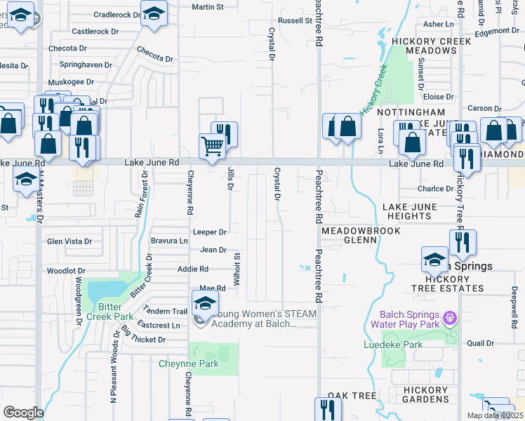 map of restaurants, bars, coffee shops, grocery stores, and more near 2708 Cottonwood Lane in Balch Springs