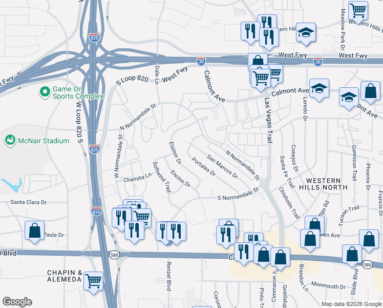 map of restaurants, bars, coffee shops, grocery stores, and more near 2917 Portales Drive in Fort Worth
