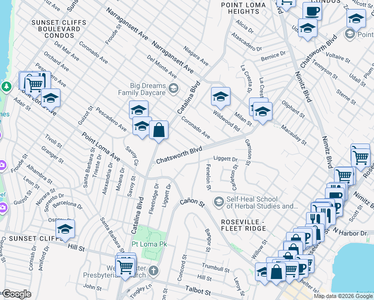 map of restaurants, bars, coffee shops, grocery stores, and more near 1570 Chatsworth Boulevard in San Diego