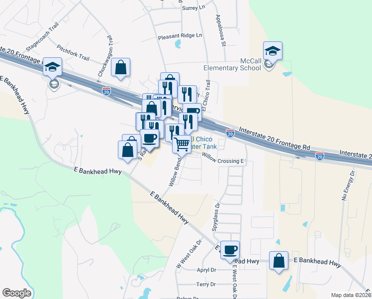 map of restaurants, bars, coffee shops, grocery stores, and more near 149 Willow Bend Drive in Willow Park
