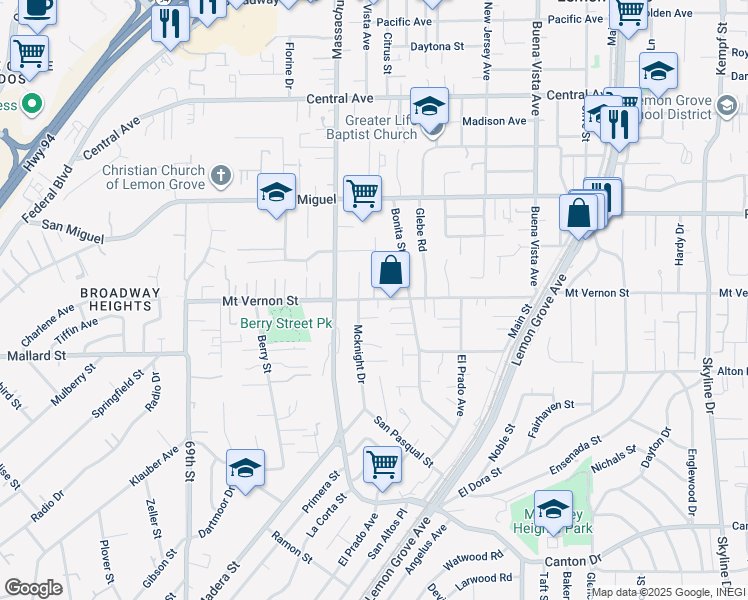 map of restaurants, bars, coffee shops, grocery stores, and more near 7255 Mount Vernon Street in Lemon Grove