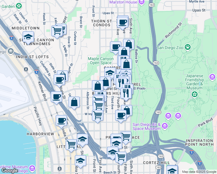 map of restaurants, bars, coffee shops, grocery stores, and more near 309 Laurel Street in San Diego