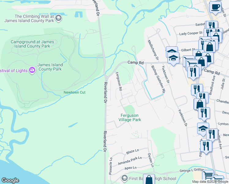 map of restaurants, bars, coffee shops, grocery stores, and more near 997 Stono River Drive in Charleston