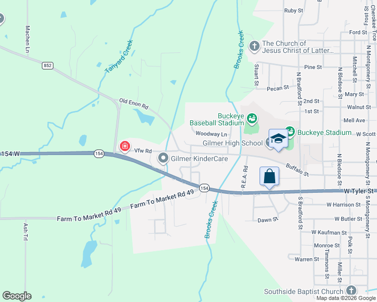 map of restaurants, bars, coffee shops, grocery stores, and more near 1607 Briarwood Street in Gilmer