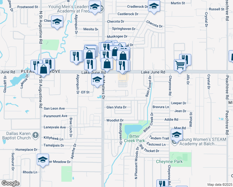 map of restaurants, bars, coffee shops, grocery stores, and more near 1180 North Masters Drive in Dallas