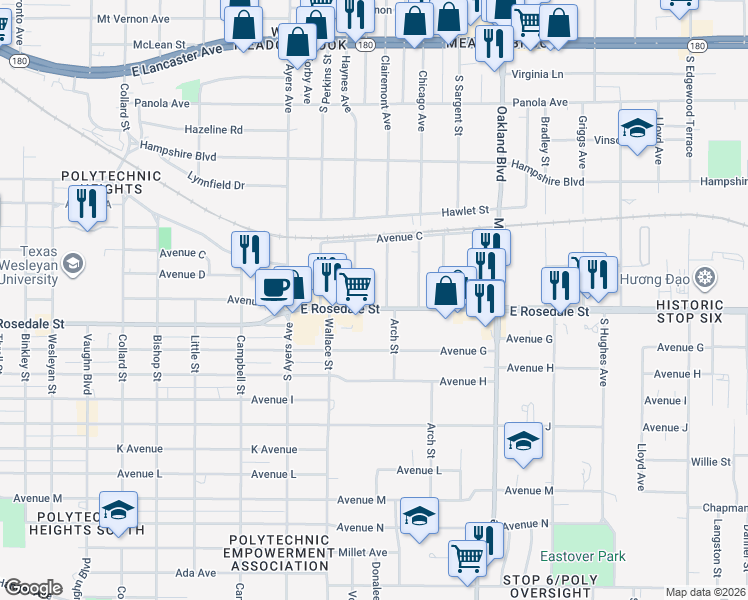 map of restaurants, bars, coffee shops, grocery stores, and more near 3909 East Rosedale Street in Fort Worth