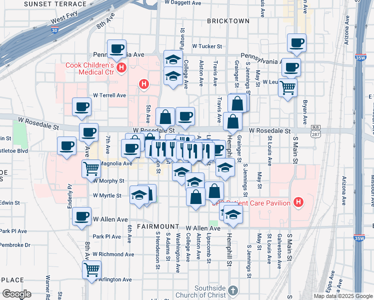 map of restaurants, bars, coffee shops, grocery stores, and more near 1209 College Avenue in Fort Worth