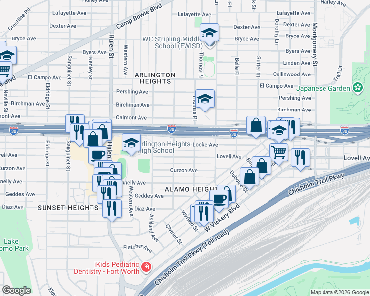 map of restaurants, bars, coffee shops, grocery stores, and more near 4221 Locke Avenue in Fort Worth