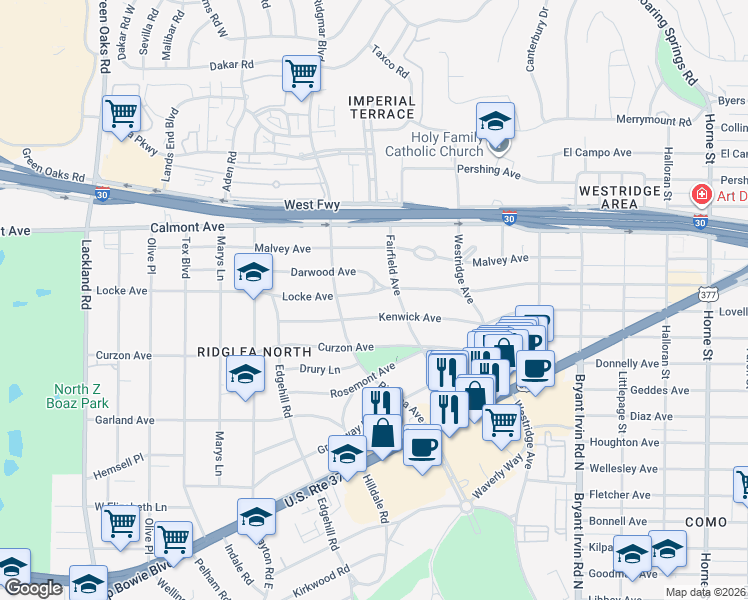 map of restaurants, bars, coffee shops, grocery stores, and more near 6309 Locke Avenue in Fort Worth