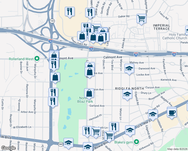 map of restaurants, bars, coffee shops, grocery stores, and more near 3007 Lackland Road in Fort Worth