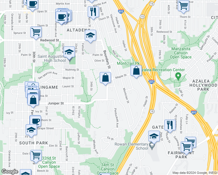 map of restaurants, bars, coffee shops, grocery stores, and more near 2437 Commonwealth Avenue in San Diego