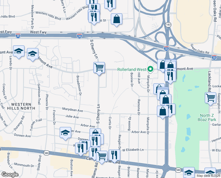 map of restaurants, bars, coffee shops, grocery stores, and more near 3000 Sierra Drive in Fort Worth