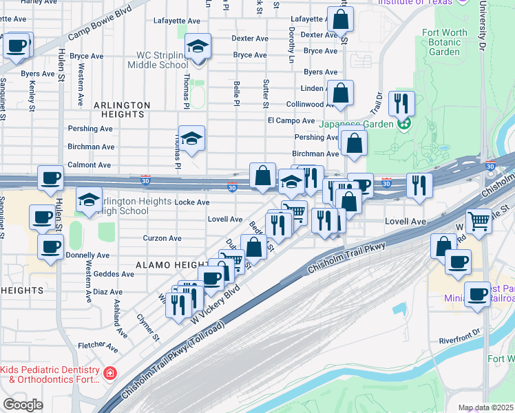 map of restaurants, bars, coffee shops, grocery stores, and more near 3909 Locke Avenue in Fort Worth