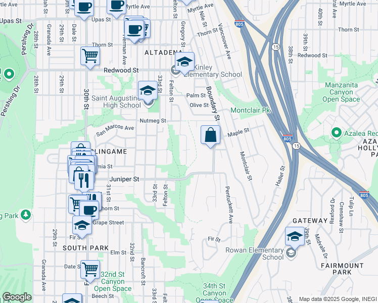 map of restaurants, bars, coffee shops, grocery stores, and more near 2453 34th Street in San Diego