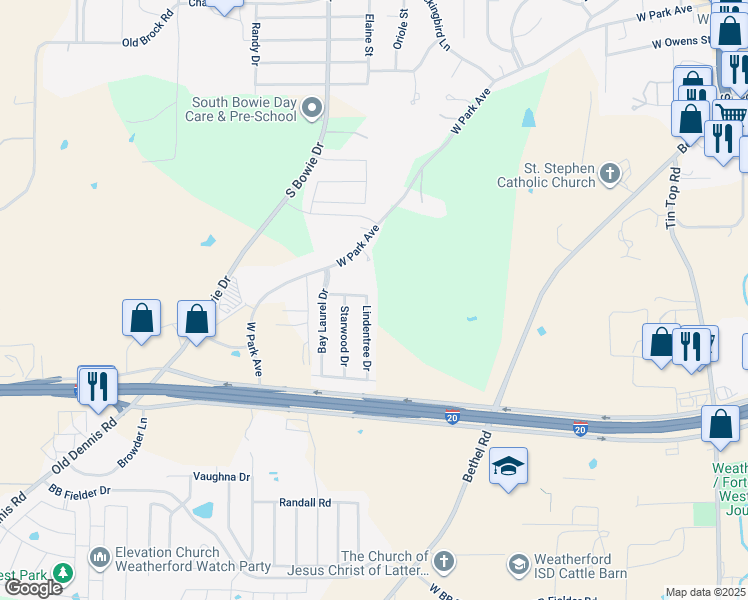map of restaurants, bars, coffee shops, grocery stores, and more near 1917 Lindentree Drive in Weatherford