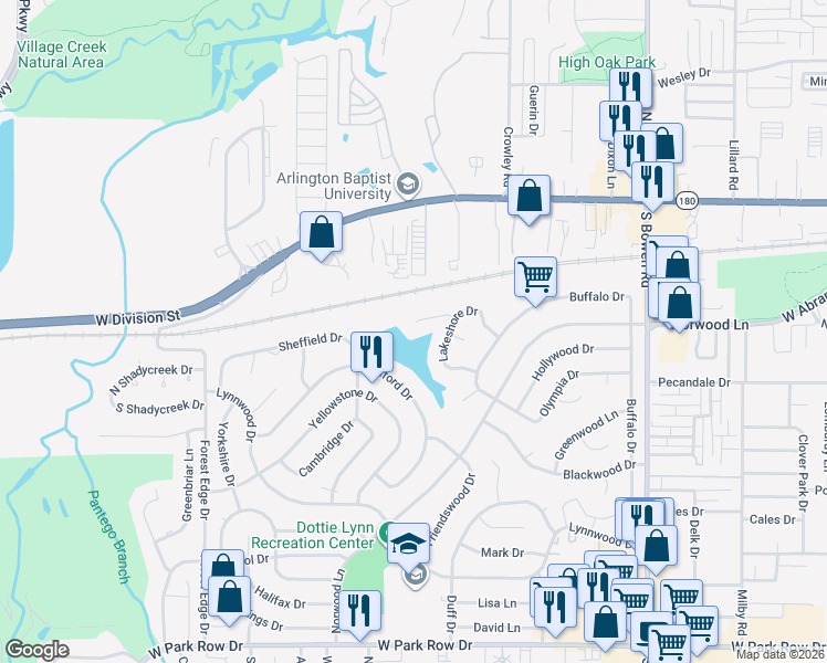 map of restaurants, bars, coffee shops, grocery stores, and more near 2910 Lakeshore Court in Arlington