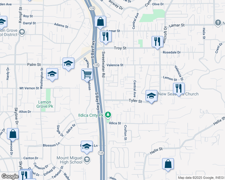 map of restaurants, bars, coffee shops, grocery stores, and more near 8646 Tyler Street in Spring Valley