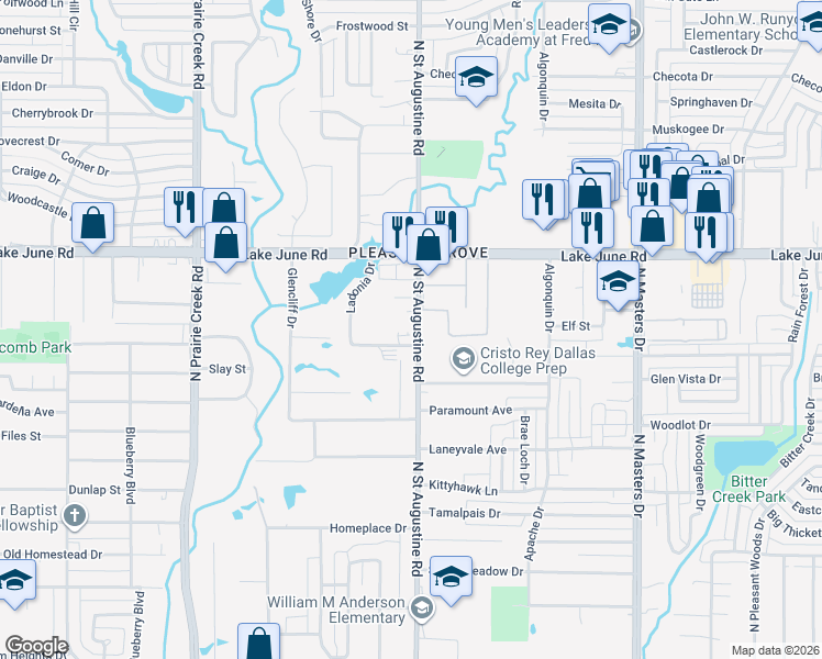 map of restaurants, bars, coffee shops, grocery stores, and more near 1115 North Saint Augustine Drive in Dallas
