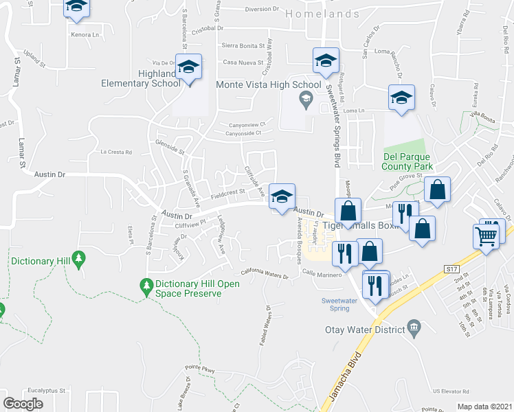map of restaurants, bars, coffee shops, grocery stores, and more near 10045 Austin Drive in Spring Valley