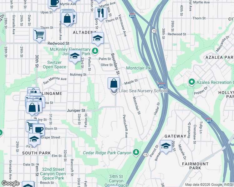 map of restaurants, bars, coffee shops, grocery stores, and more near 2435 Commonwealth Avenue in San Diego