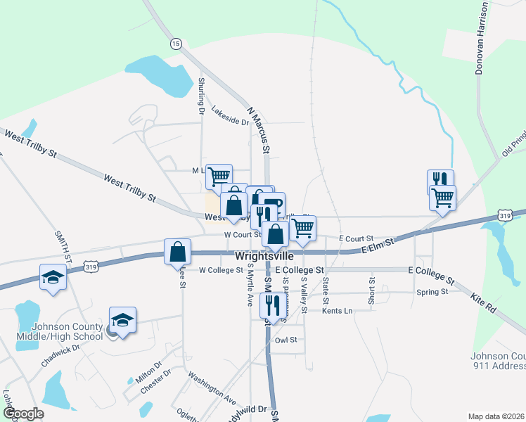 map of restaurants, bars, coffee shops, grocery stores, and more near 312 West Trilby Street in Wrightsville