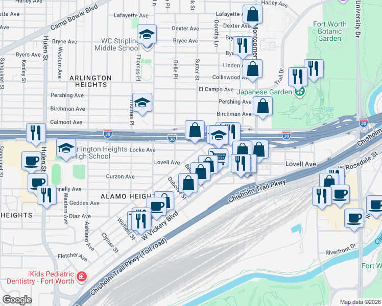 map of restaurants, bars, coffee shops, grocery stores, and more near 3909 Locke Avenue in Fort Worth