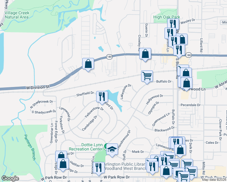 map of restaurants, bars, coffee shops, grocery stores, and more near 2910 Lakeshore Court in Arlington