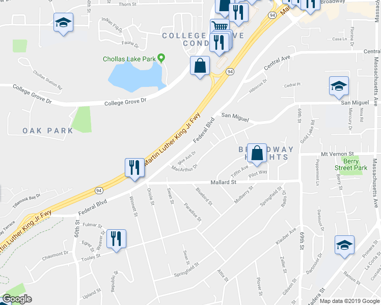 map of restaurants, bars, coffee shops, grocery stores, and more near 6470 Blue Ash Drive in Lemon Grove