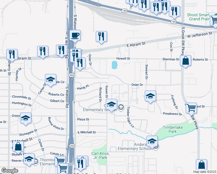 map of restaurants, bars, coffee shops, grocery stores, and more near 605 Susan Drive in Arlington