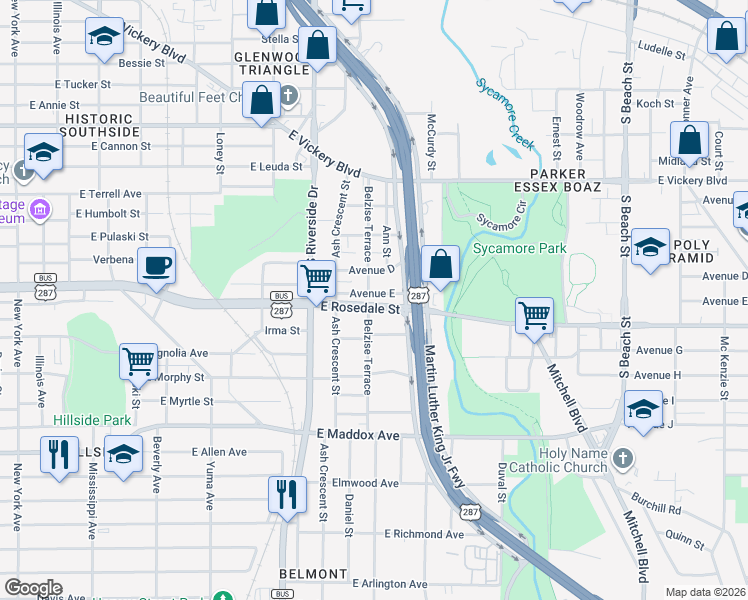 map of restaurants, bars, coffee shops, grocery stores, and more near 2001 East Rosedale Street in Fort Worth