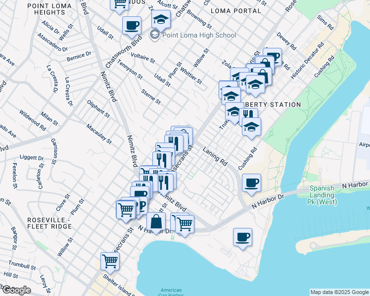 map of restaurants, bars, coffee shops, grocery stores, and more near 3005 Quimby Street in San Diego
