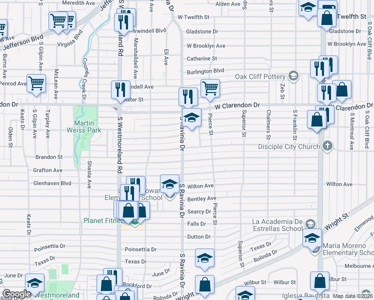 map of restaurants, bars, coffee shops, grocery stores, and more near 2850 Brandon Street in Dallas