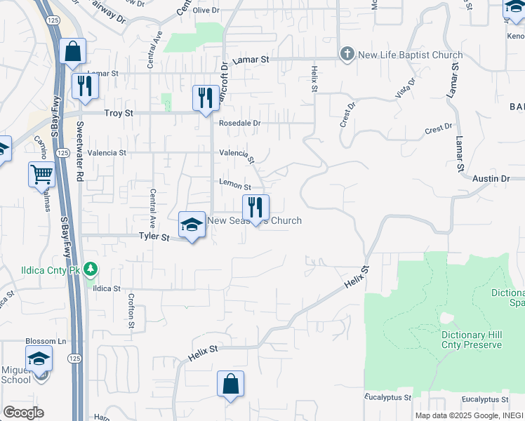 map of restaurants, bars, coffee shops, grocery stores, and more near 9188 Valencia Street in Spring Valley