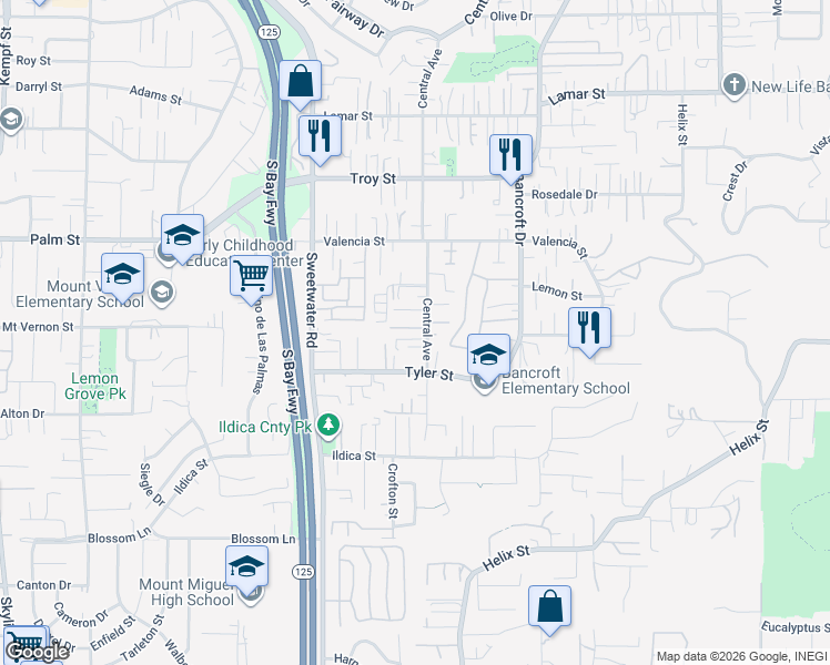map of restaurants, bars, coffee shops, grocery stores, and more near 2410 Central Wayside in Spring Valley