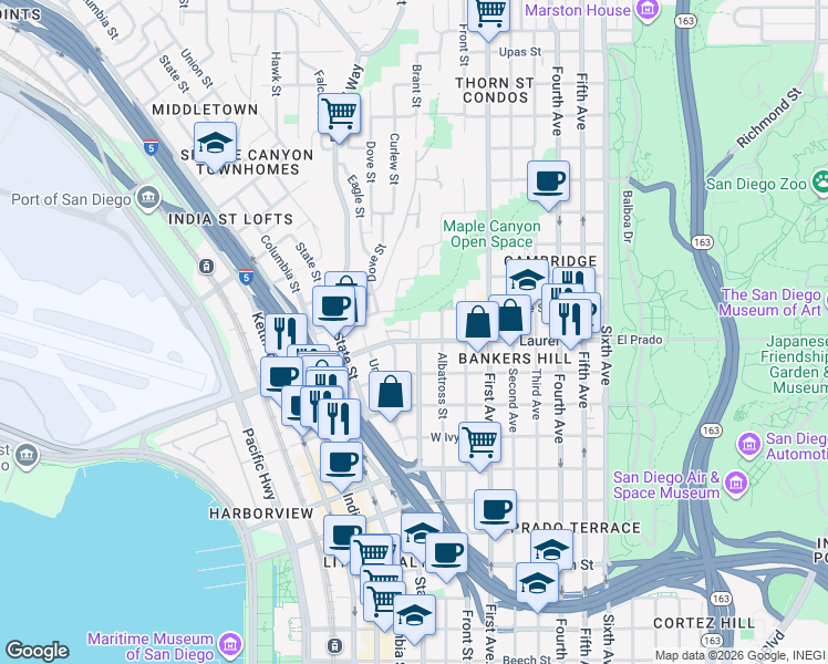 map of restaurants, bars, coffee shops, grocery stores, and more near in San Diego