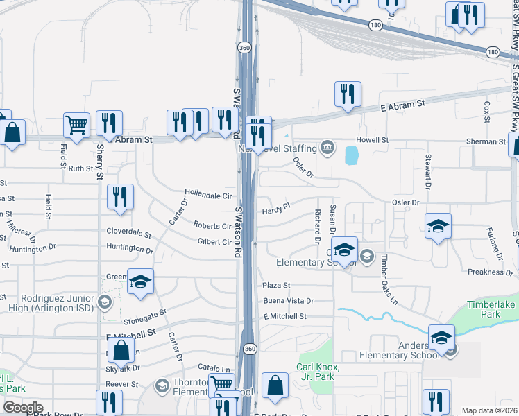 map of restaurants, bars, coffee shops, grocery stores, and more near 2611 Hardy Place in Arlington