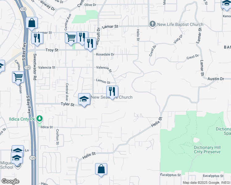 map of restaurants, bars, coffee shops, grocery stores, and more near 9188 Valencia Street in Spring Valley