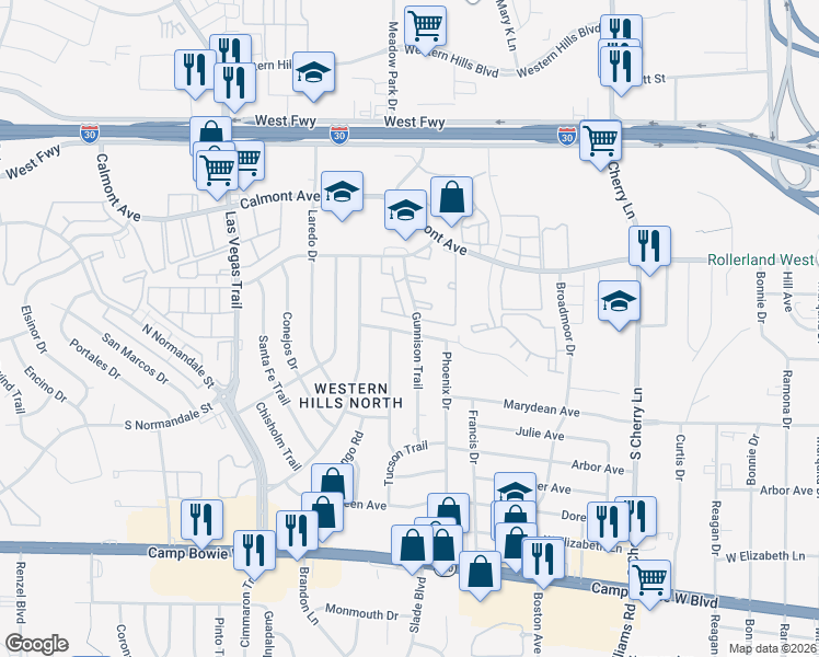 map of restaurants, bars, coffee shops, grocery stores, and more near 8302 El Retiro Road in Fort Worth