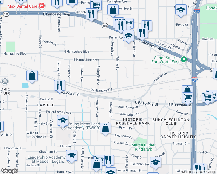 map of restaurants, bars, coffee shops, grocery stores, and more near 1116 South Roselane Street in Fort Worth