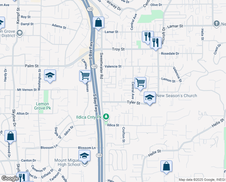 map of restaurants, bars, coffee shops, grocery stores, and more near 8646 Tyler Street in Spring Valley