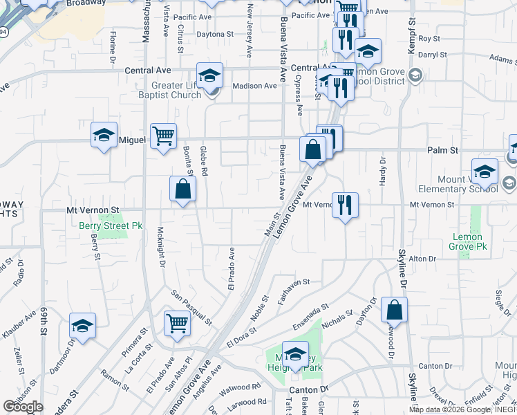 map of restaurants, bars, coffee shops, grocery stores, and more near 7505 Mount Vernon Street in Lemon Grove