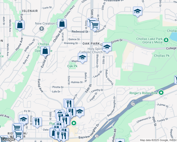 map of restaurants, bars, coffee shops, grocery stores, and more near 2441 54th Street in San Diego