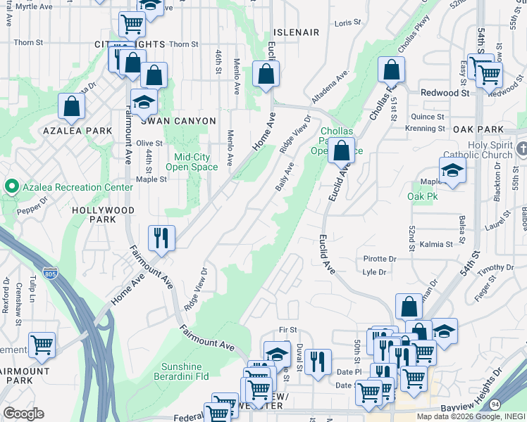 map of restaurants, bars, coffee shops, grocery stores, and more near 4704 Baily Place in San Diego