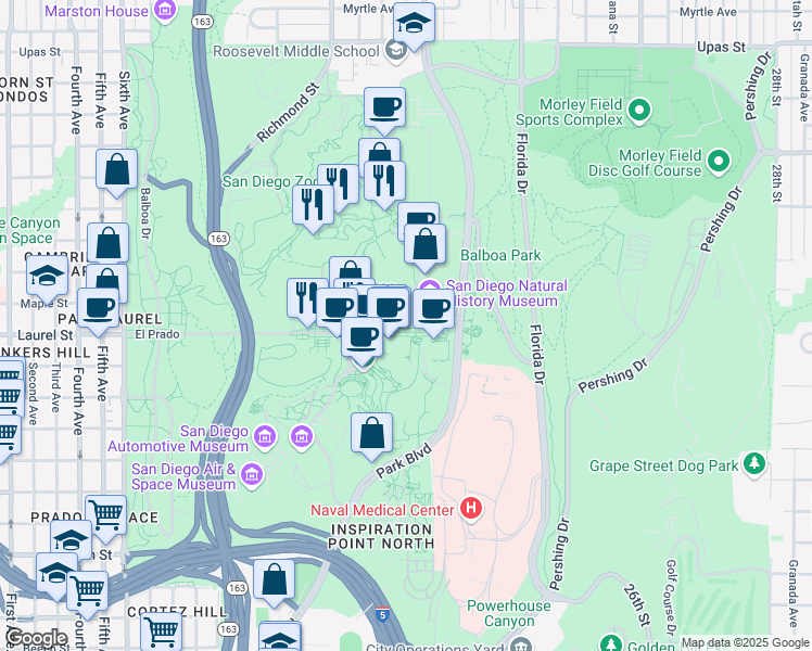 map of restaurants, bars, coffee shops, grocery stores, and more near 1549 El Prado in San Diego
