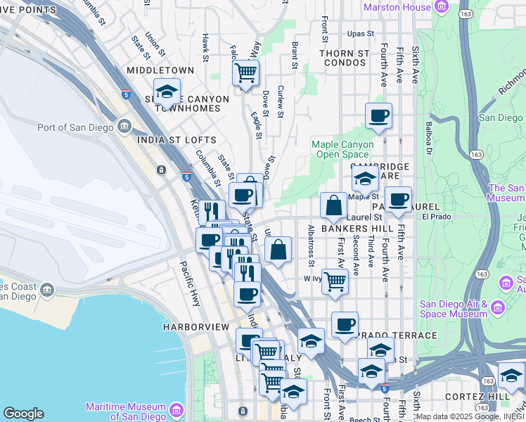 map of restaurants, bars, coffee shops, grocery stores, and more near in San Diego