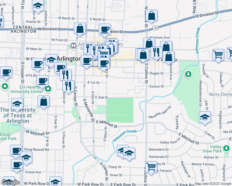 map of restaurants, bars, coffee shops, grocery stores, and more near 501-547 E 2nd St in Arlington