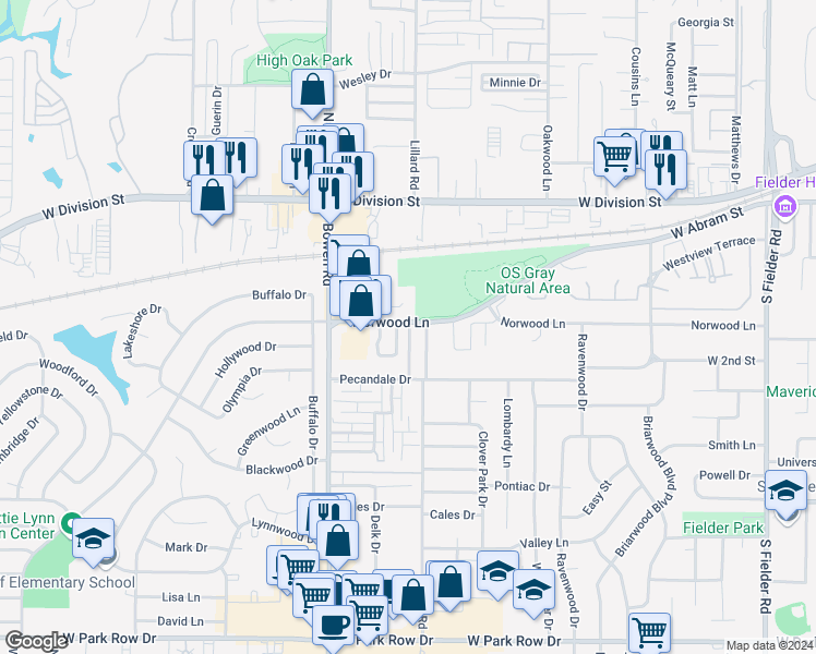 map of restaurants, bars, coffee shops, grocery stores, and more near 507 East Norwood Circle in Arlington